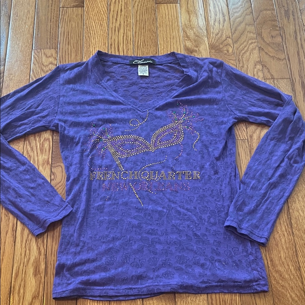 Vintage French Quarter New Orleans Burn Out Tee Purple Mardi Gras Rhinestone S